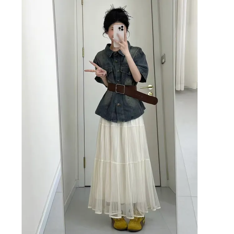 2025夏季新款时尚港味气质收腰显瘦牛仔外套＋高腰百褶半身裙套装