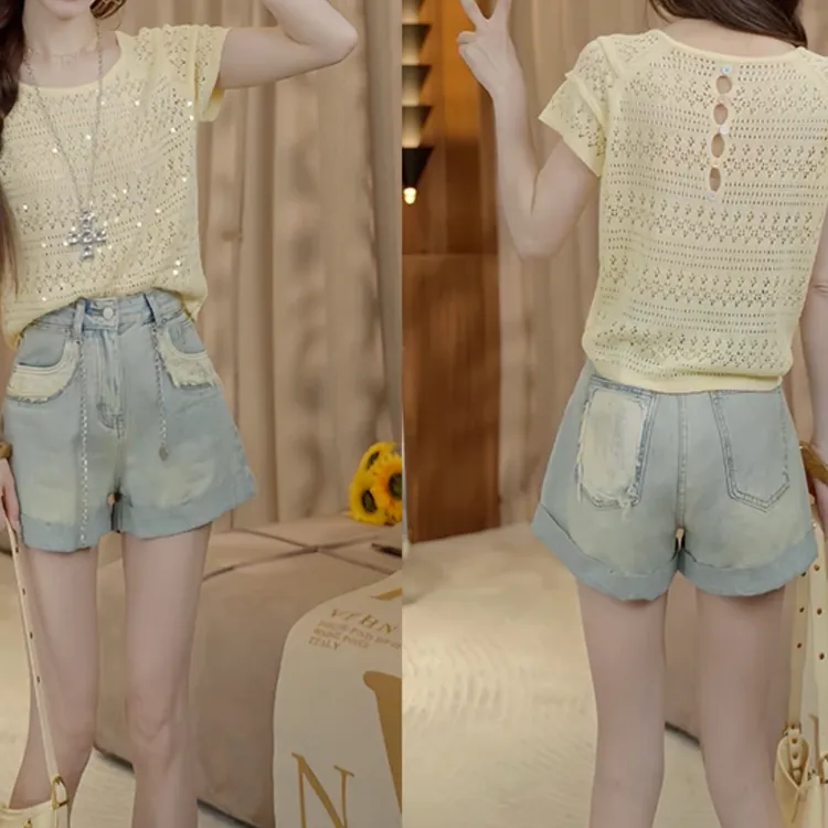 设计噶飞飞袖亮片镂空上衣2025年夏季新款独特高级感修身显瘦t恤