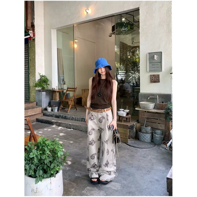 别致印花休闲裤女夏季高腰长裤宽松复古直筒拖地裤子百搭阔腿裤子