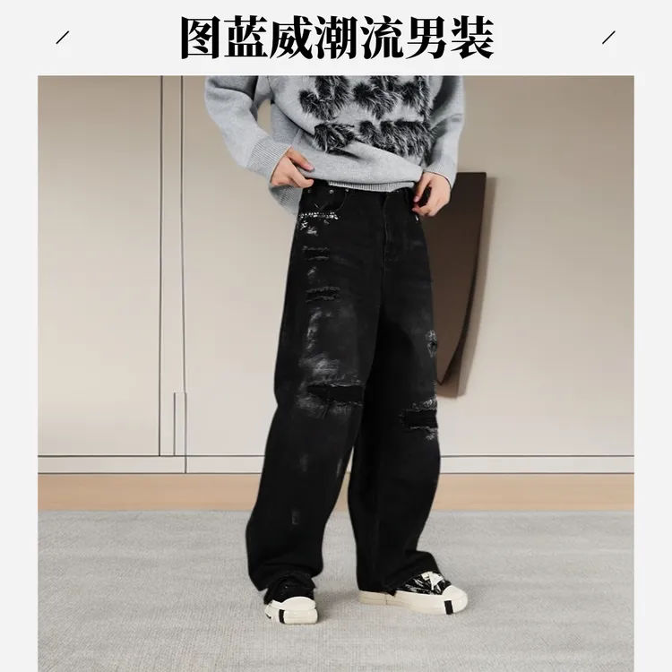 2025设计师早秋新款宽松阔腿高街复古高街擦色烫金牛仔裤裤子