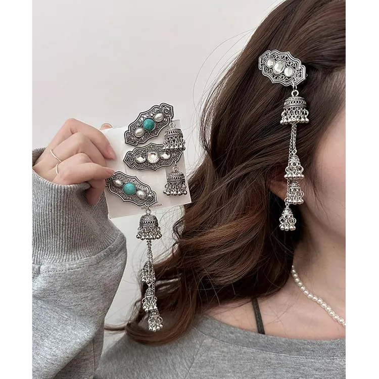 新中式绿色铃铛流苏发夹女民族风侧边夹复古高级感精致发饰头饰