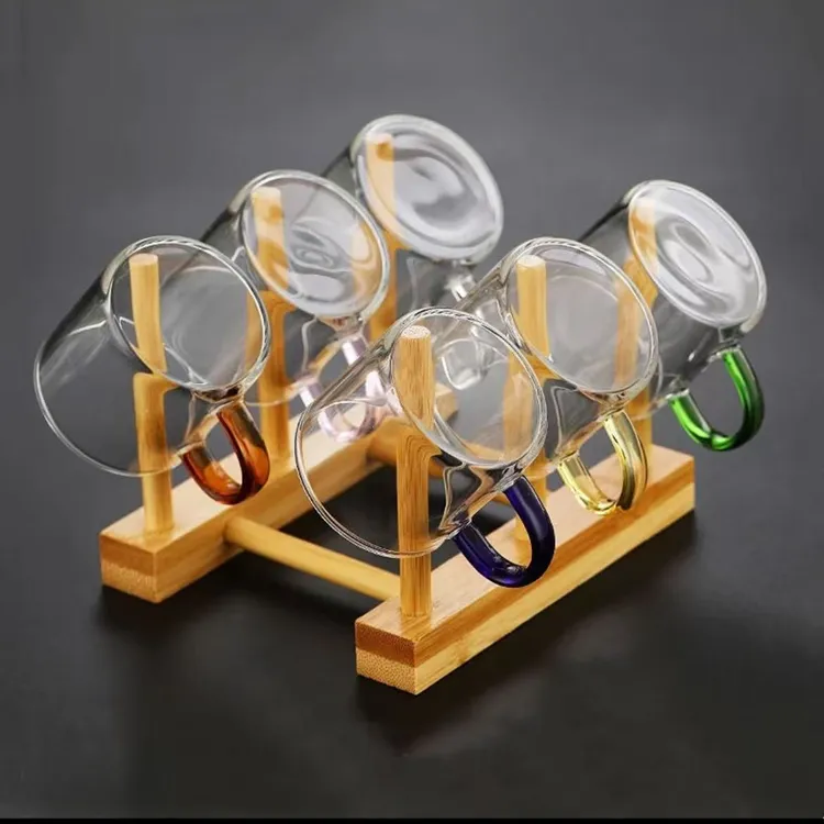 6只装玻璃小茶杯功夫茶具6色带把耐热加厚品茗杯家用玻璃隔热茶杯