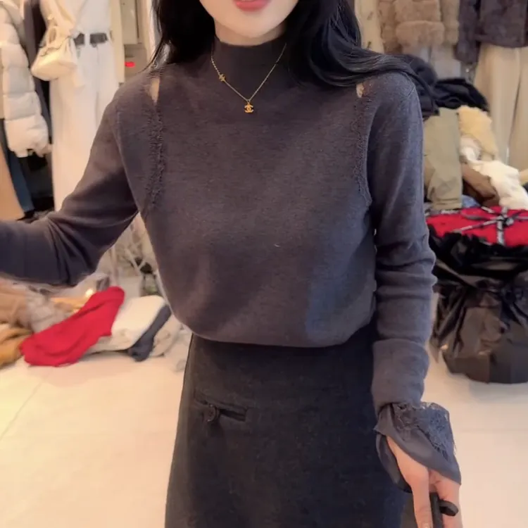2025秋冬新款百搭显瘦蕾丝漏肩针织衫修身百搭上衣LK2508071