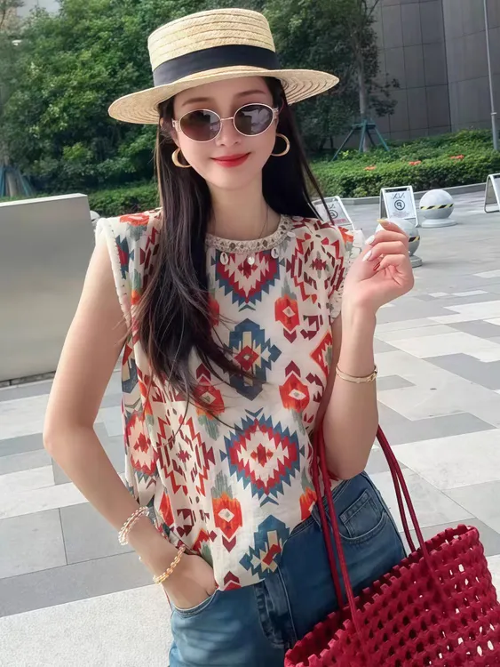 民族风圆领印花衬衫女高级感轻奢减龄洋气小衫无袖背心上衣女