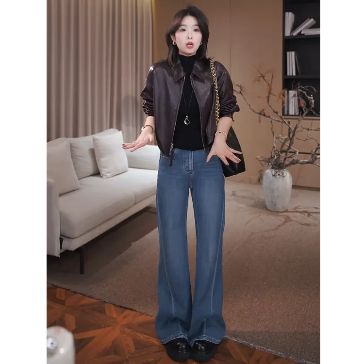 广州琴姐【时髦进阶】时尚复古水洗显瘦高腰喇叭牛仔裤女秋季90362