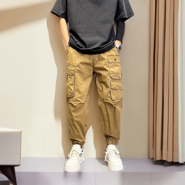 霍科比特男夏季薄款纯色多口袋工装休闲裤宽松户外百搭九分束脚裤