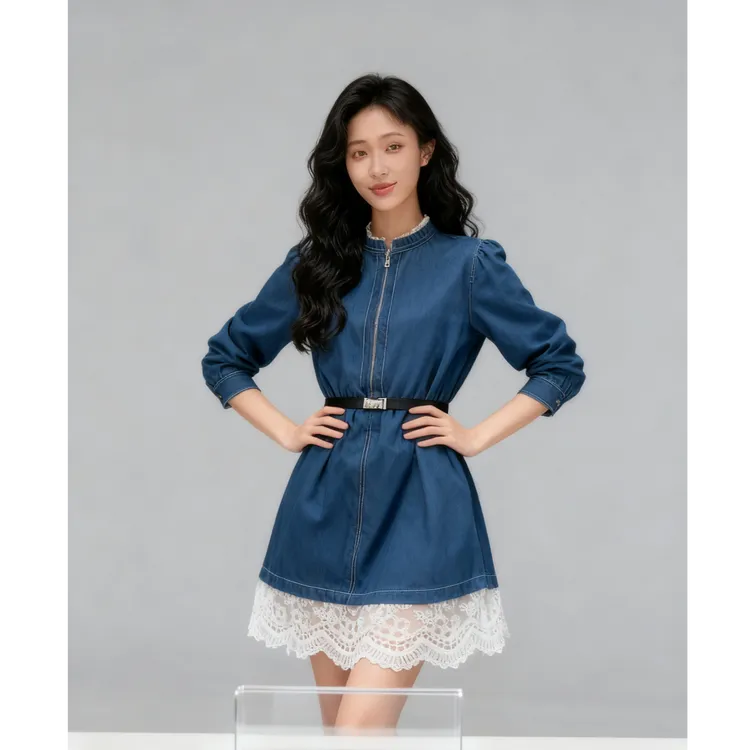 2025秋季新款设计感蕾丝拼接牛仔连衣裙修身型秋冬女设计师款