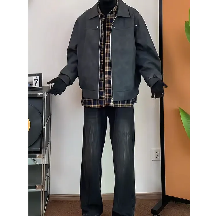 男生秋冬穿搭个性 cleanfit 小众高级感高知感外套牛仔裤套装9