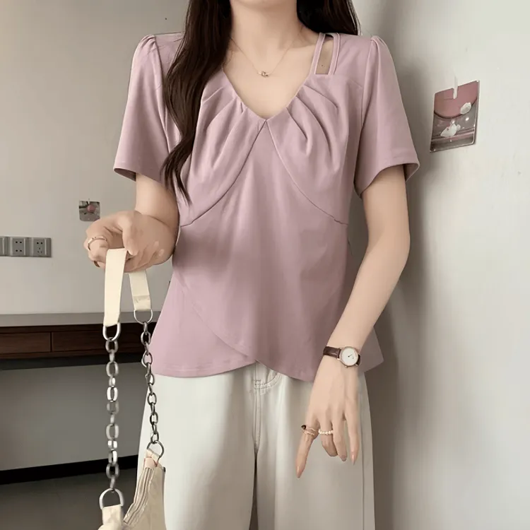 设计感镂空不规则短袖T恤大码夏季胖mm遮肉显瘦洋气减龄纯欲上衣