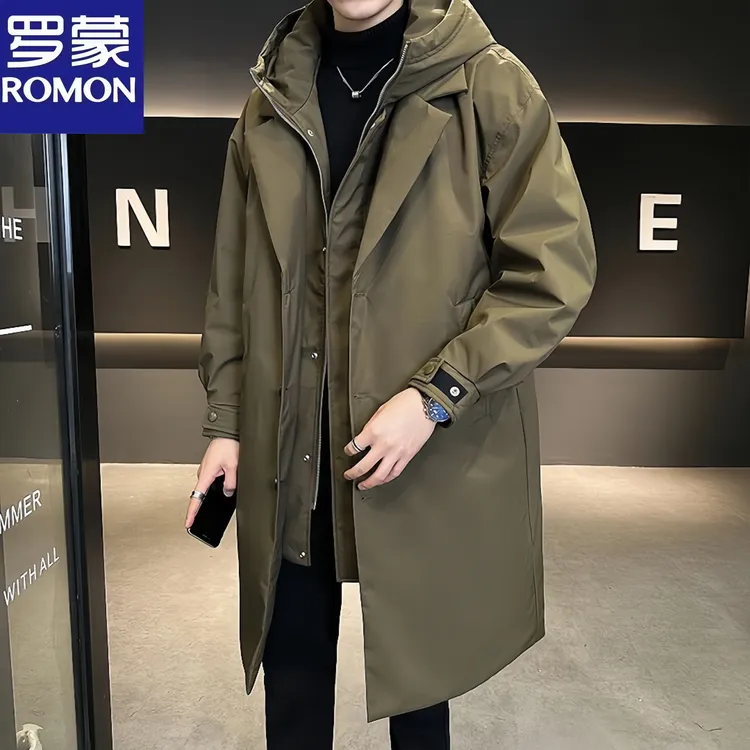 Romon/罗蒙潮流男羽绒服冬季加厚连帽防寒新款假两件风衣保暖外套