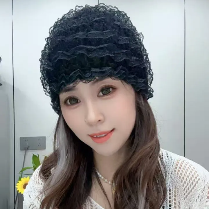 秋冬保暖加绒加厚正品蕾丝网纱帽遮白发专用蓬松包头帽新七层花边