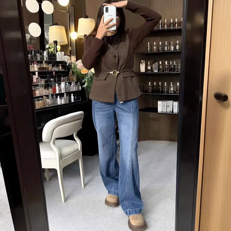 长裤莱卡牛仔裤常规百搭简约阔腿裤浅蓝色女高腰显瘦时尚宽松