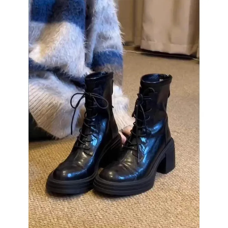 牛皮版~厚底高跟马丁靴女气质百搭绑带瘦瘦靴复古后拉链增高短靴