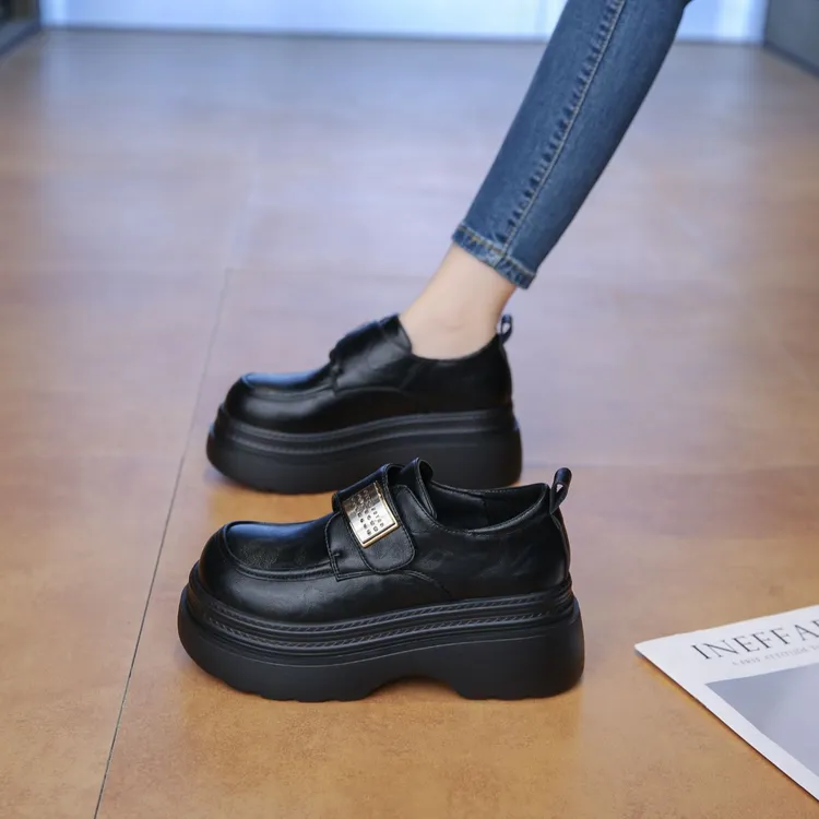 真皮厚底乐福鞋女秋季2025新款小个子增高魔术贴单鞋英伦风小皮鞋