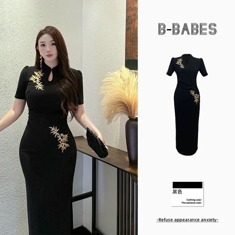 B-babes【金竹】刺绣短袖常规款新中式旗袍气质夏季黑色复古
