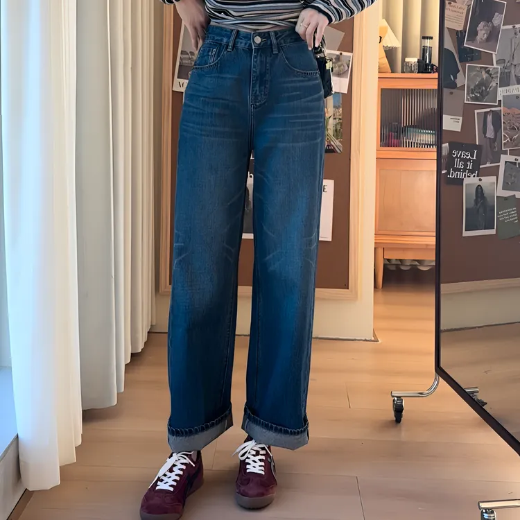 【余欢欢】早秋复古休闲重工显瘦直筒牛仔裤-YHK50318