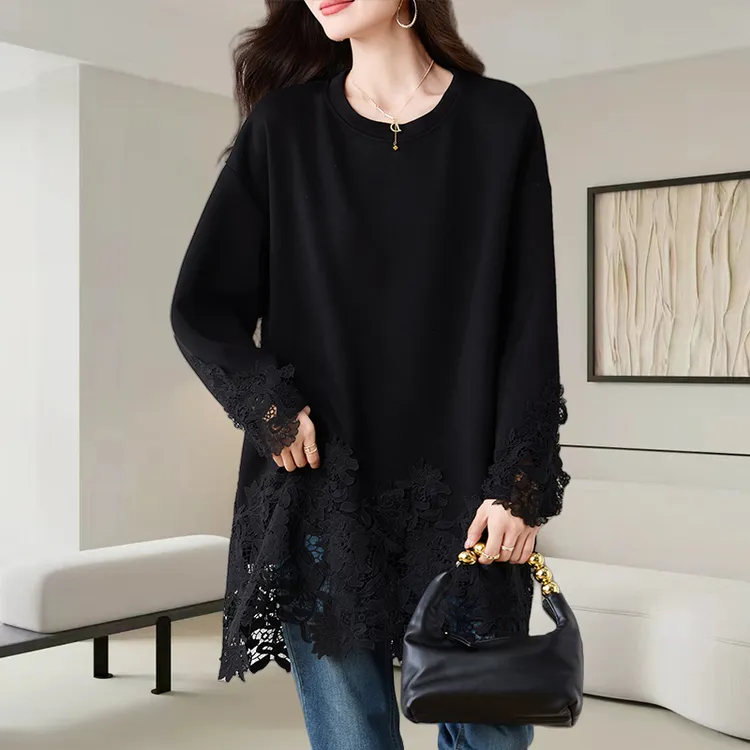 中长款黑色圆领卫衣女2025秋季新款大码宽松遮肚显瘦蕾丝底摆上衣