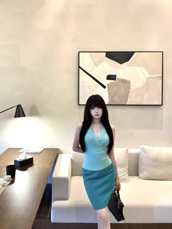 v领无袖针织背心上衣女夏季御姐轻熟风套装紧身包臀半身裙两件套