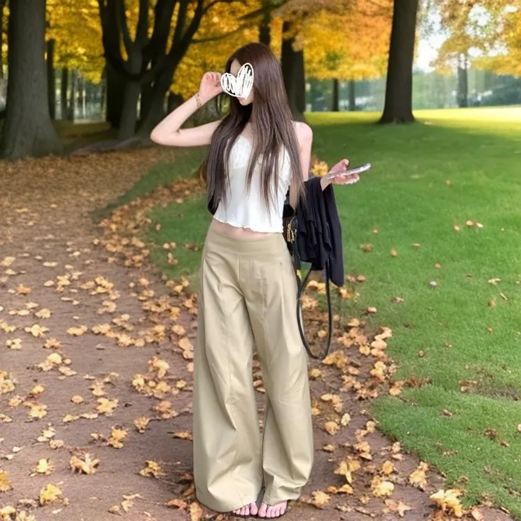 森系休闲风阔腿裤纯色秋季休闲裤宽松休闲显瘦牛仔高腰小个子