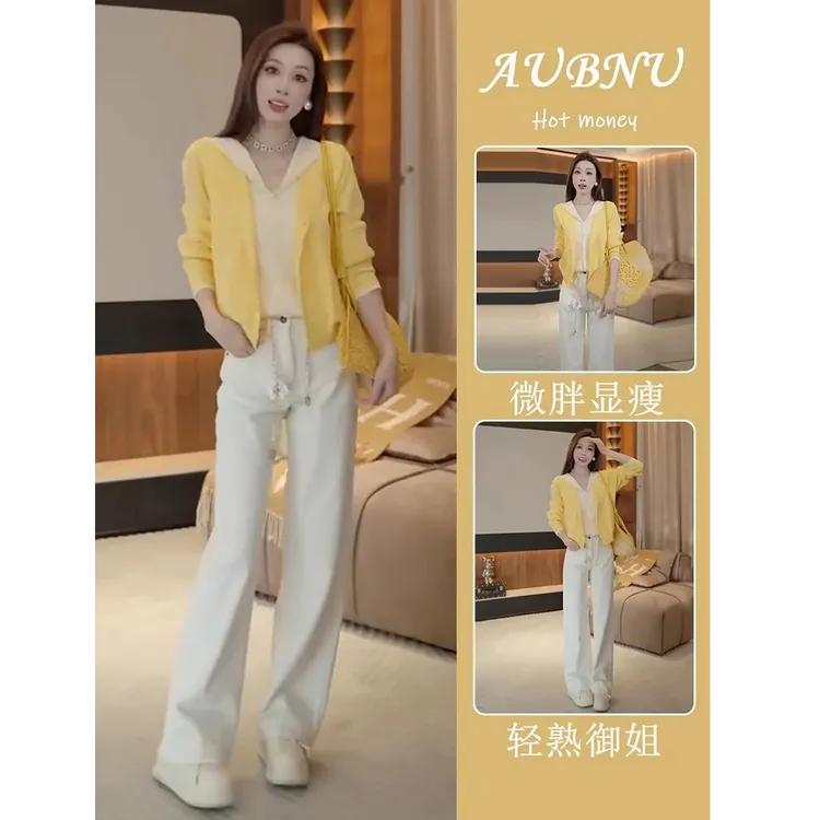 2025春装搭配一整套女小个子假两件撞色连帽针织开衫牛仔裤两件套