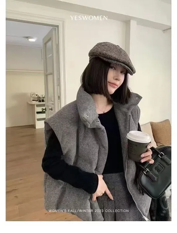 简约立领毛呢马甲面包服棉衣8039