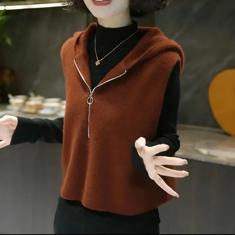 933-连帽高端马甲针织衫显瘦秋季套头舒适纯色慵懒风上衣半拉链女