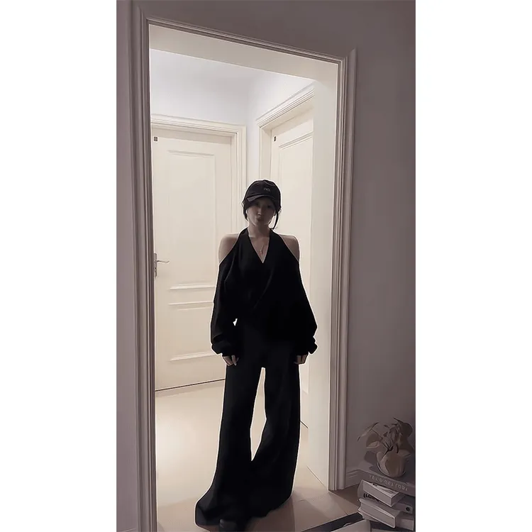 INS CEC复古挂脖卫衣设计感两穿露肩上衣宽松显瘦休闲拖地裤套装