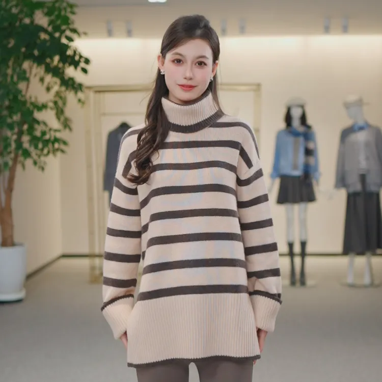 GIRDEAR/哥弟秋冬时尚半高领撞色条纹套头高领羊绒毛衣 1399577  