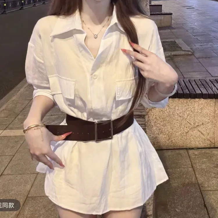 十三行2025早秋新款纯棉慵懒风v领宽松长袖衬衫女别致衬衣配腰带