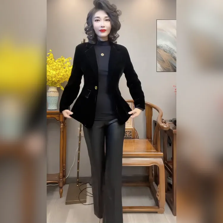 2025秋冬新款长袖丝绒西服+裤子时尚套装气质简约洋气百搭外套