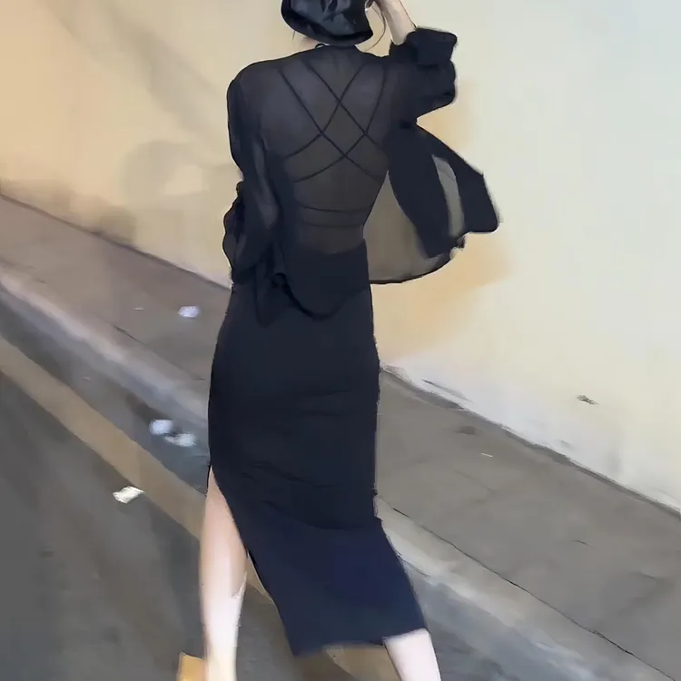 夏季高腰开叉黑色半身裙防晒衬衫轻职风轻熟微透上衣气质减龄套装