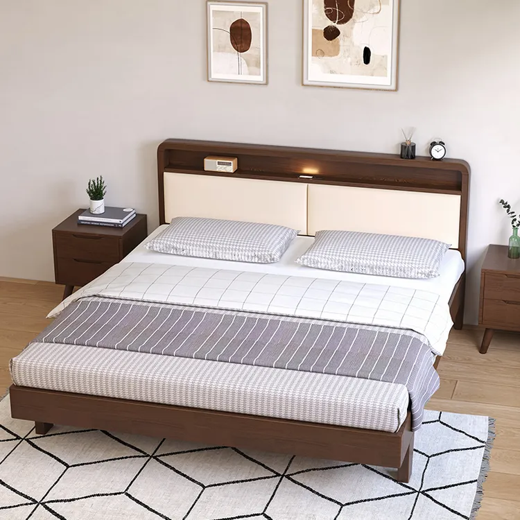 胡桃色实木床软靠背家用主卧室双人床简约北欧大床经济型民宿出租