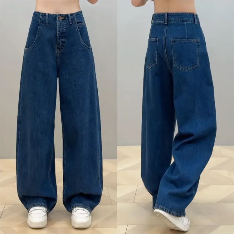 立体裁剪工艺水洗阔腿牛仔裤冬季新款加绒加厚高腰阔腿弯刀牛仔裤