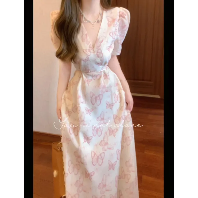 【蝶恋花】2025夏季新款法式茶歇古典V领印花系带收腰显瘦连衣长裙