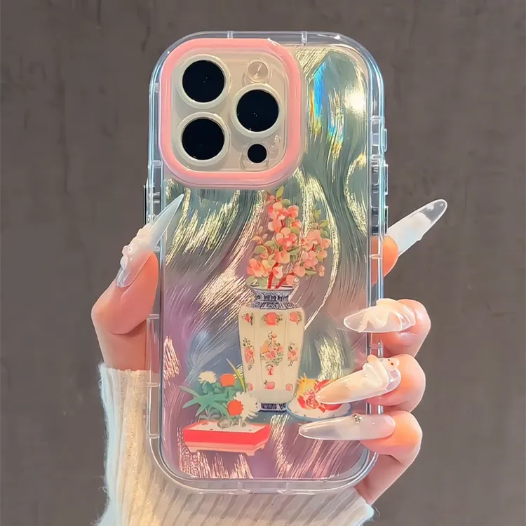 适用苹果iPhone16pro手机壳15羽纱奶油壳桃花中式花瓶华为p60可爱