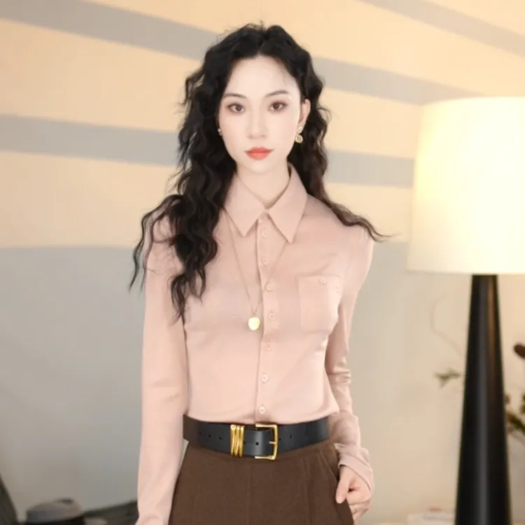 GIRDEAR/哥弟新款绵羊毛亲肤翻领长袖修身春季显瘦衬衫1300820