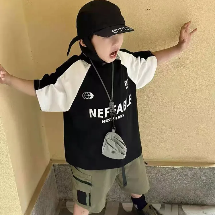 男童短袖T恤儿童夏装2025新款潮牌痞帅打底衫女宝宝插肩袖上衣薄3