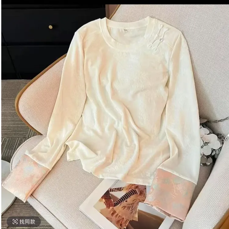 【秋来】秋季百搭薄款圆领无衣门襟长袖新中式上衣白色打底百搭