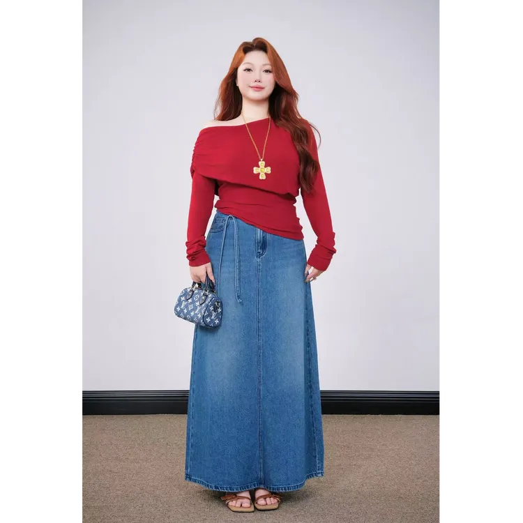 慧芝huizhi A0303牛仔裙 定制款 秋冬双色收腰显瘦长款牛仔半裙