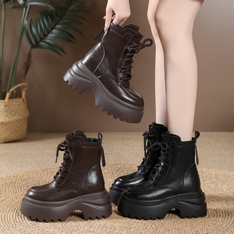 【跟高8CM】高跟厚底马丁靴女款2025冬季爆款加绒粗跟上班短筒靴子