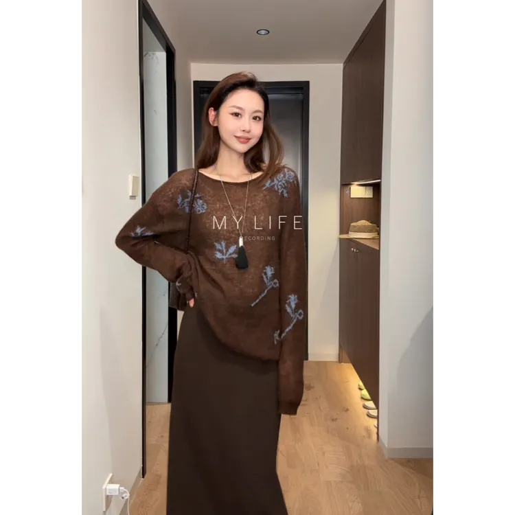 秋装复古轻奢针织衫女新款韩版宽松显瘦百搭圆领长袖毛衣上衣