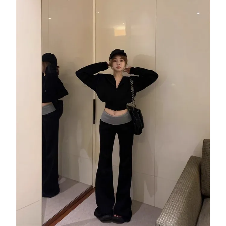 辣妹加绒加厚连帽卫衣外套小个子撞色低腰微喇叭休闲裤两件套女秋