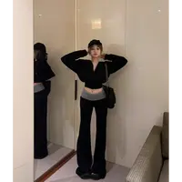 辣妹加绒加厚连帽卫衣外套小个子撞色低腰微喇叭休闲裤两件套女秋