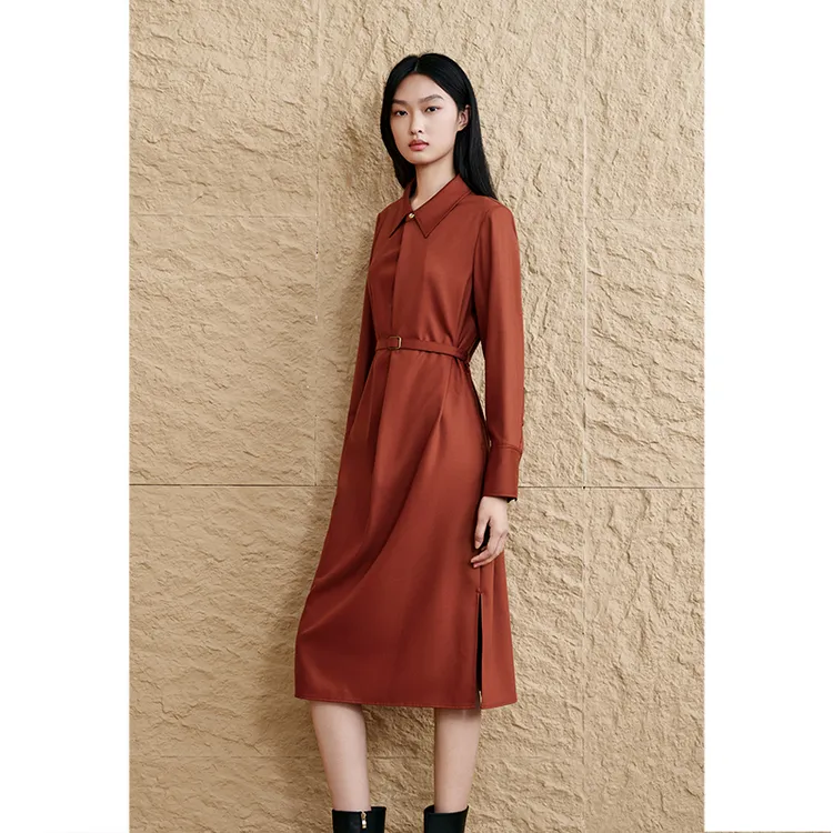 INSUN恩裳新款气质高级感红色桑蚕丝羊毛连衣裙9C65505010