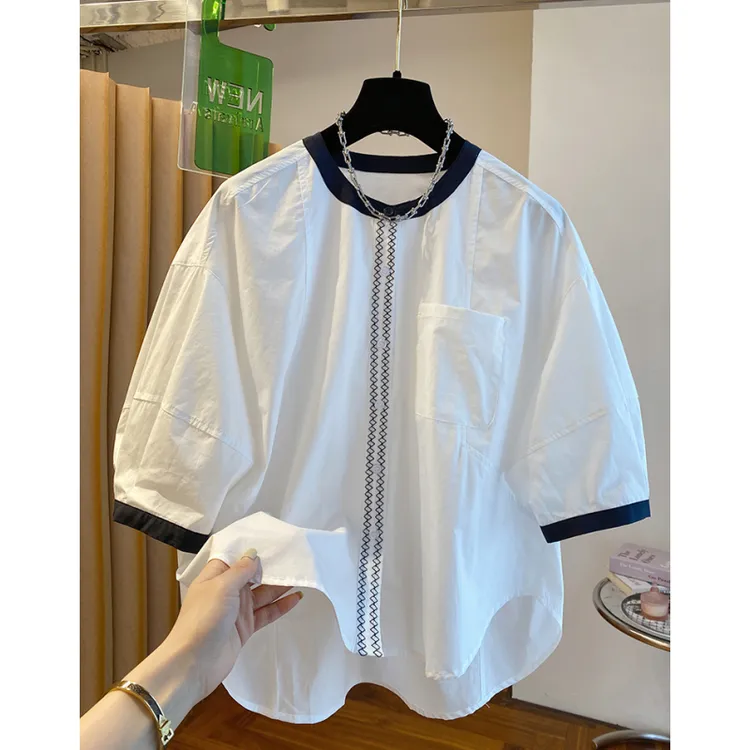 韩系白色圆领衬衫女短袖2025夏季新款宽松休闲百搭棉质泡泡袖上衣