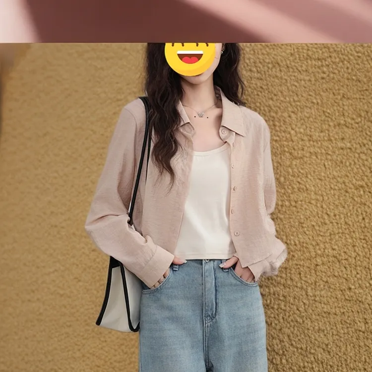 夏季时尚爆款粉色外穿短款长袖衬衫纯色衬衣防晒气质休闲外套