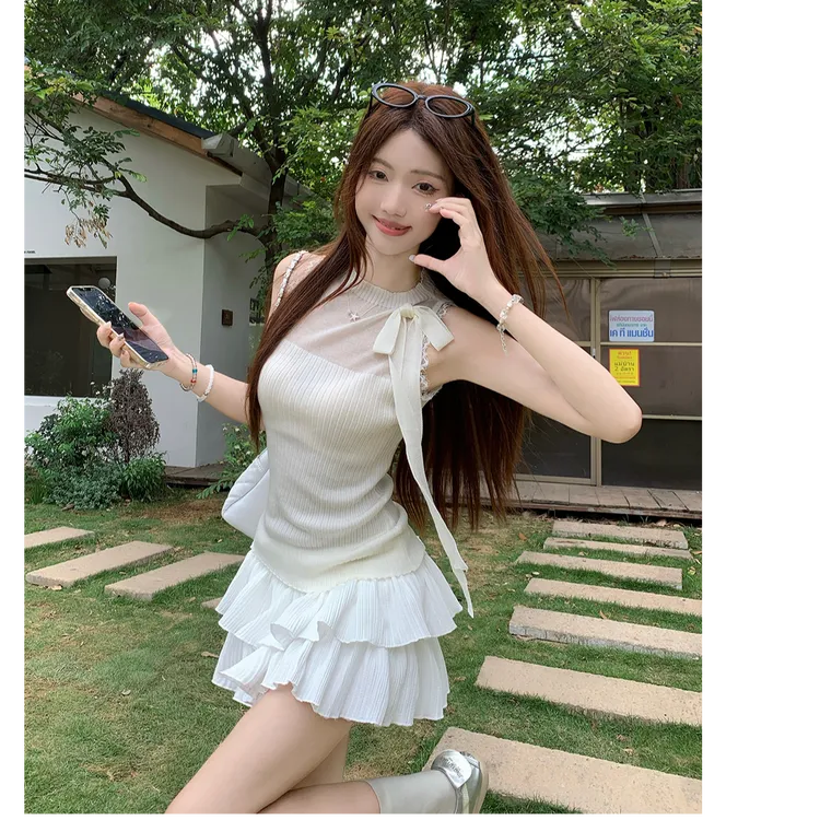 后花园新款夏季法式高级纯欲风系带蝴蝶结无袖背心配蕾丝松糕短裙