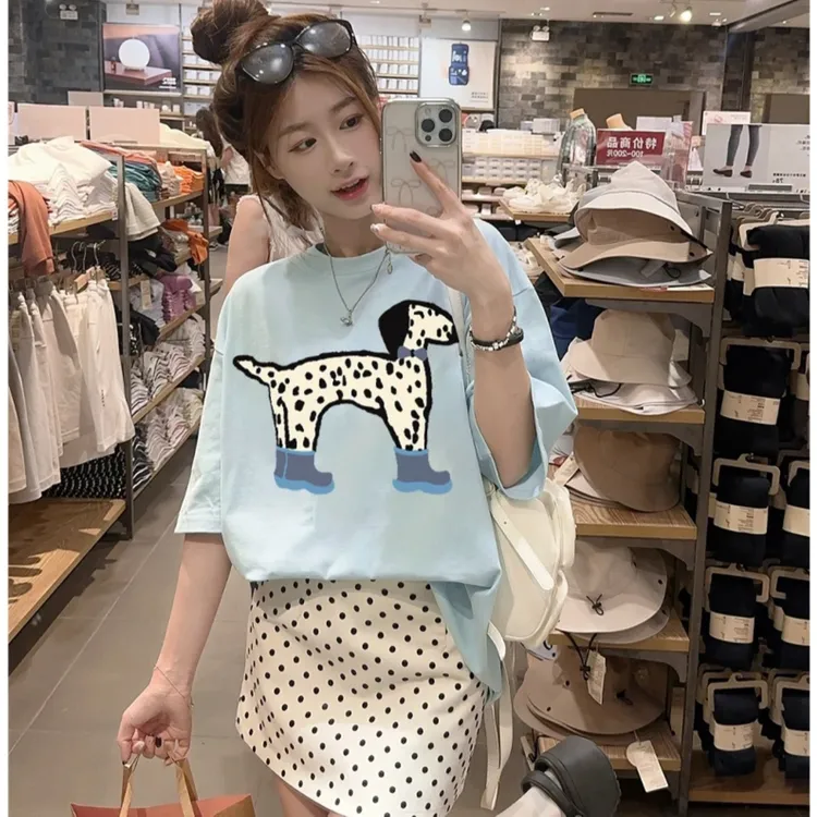 妮妮中大童套装斑点狗狗印花宽松圆领亲子装纯棉短袖T恤宽松上衣t