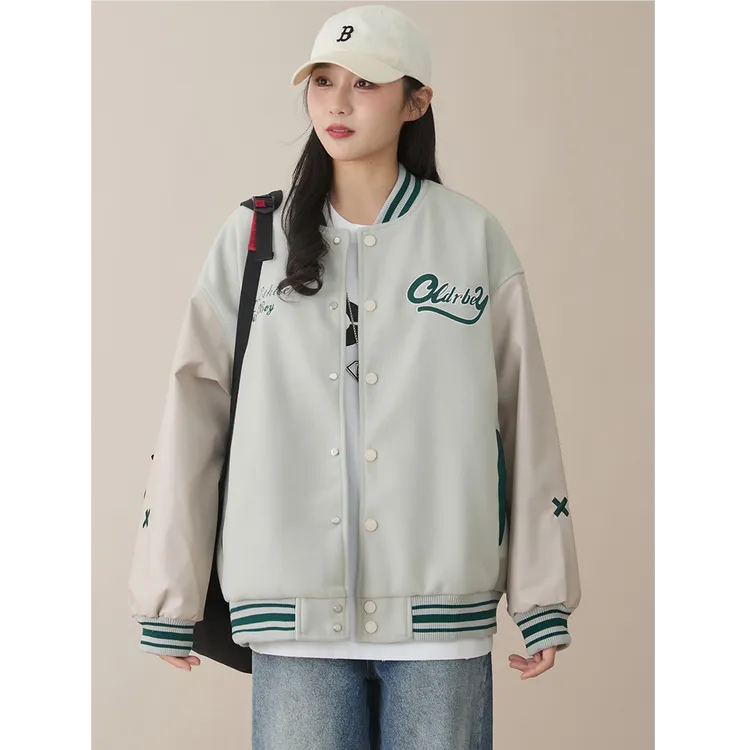 2025秋季大码女装胖mm美式刺绣拼接棒球服女宽松休闲百搭夹克外套