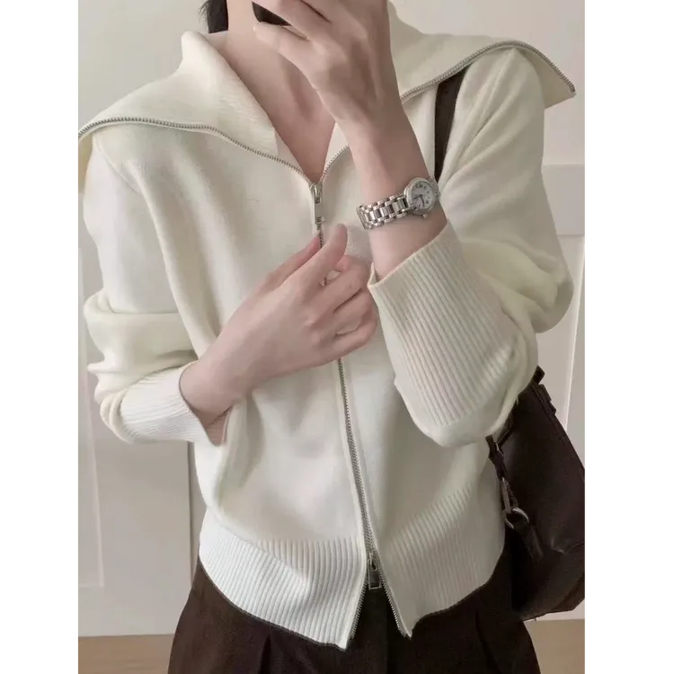 翻领长袖毛衣针织衫时尚短款百搭开衫休闲显瘦秋冬纯色